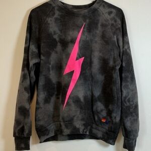 PRE-OWNED Aviator Nation Black Tie-Dye Sweatshirt with Pink Lightning Bolt